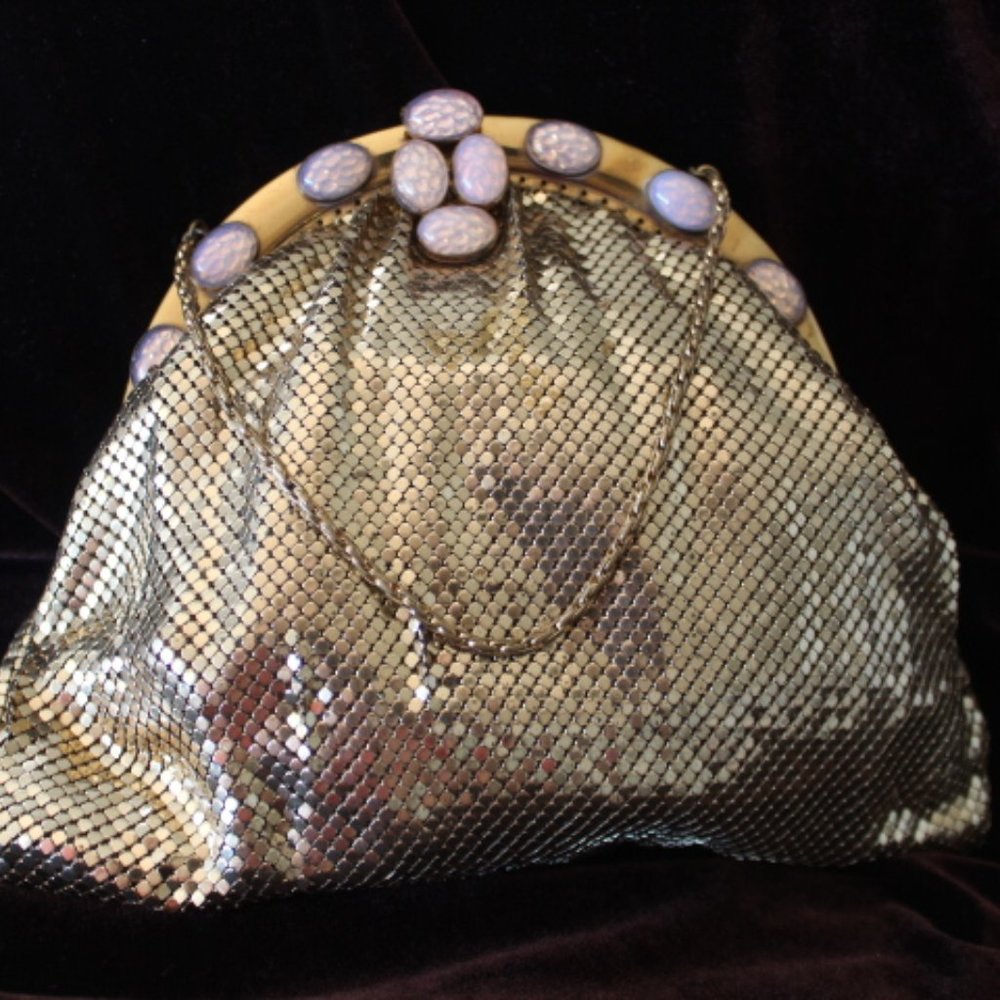 Vtg Whiting & Davis Gold Shimmer Mesh Purse Stone Studded Frame   ❤️